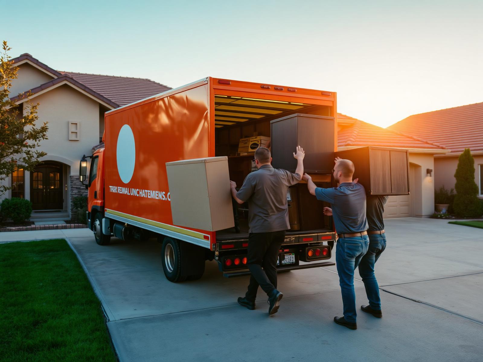 C&M Junk Removal crew loading furniture into an orange truck at a suburban home